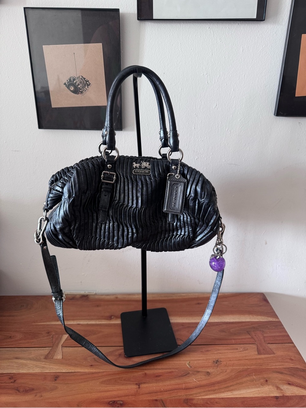 Coach Madison Sophia Black Ruched Leather Crossbody Satchel with Removable Strap